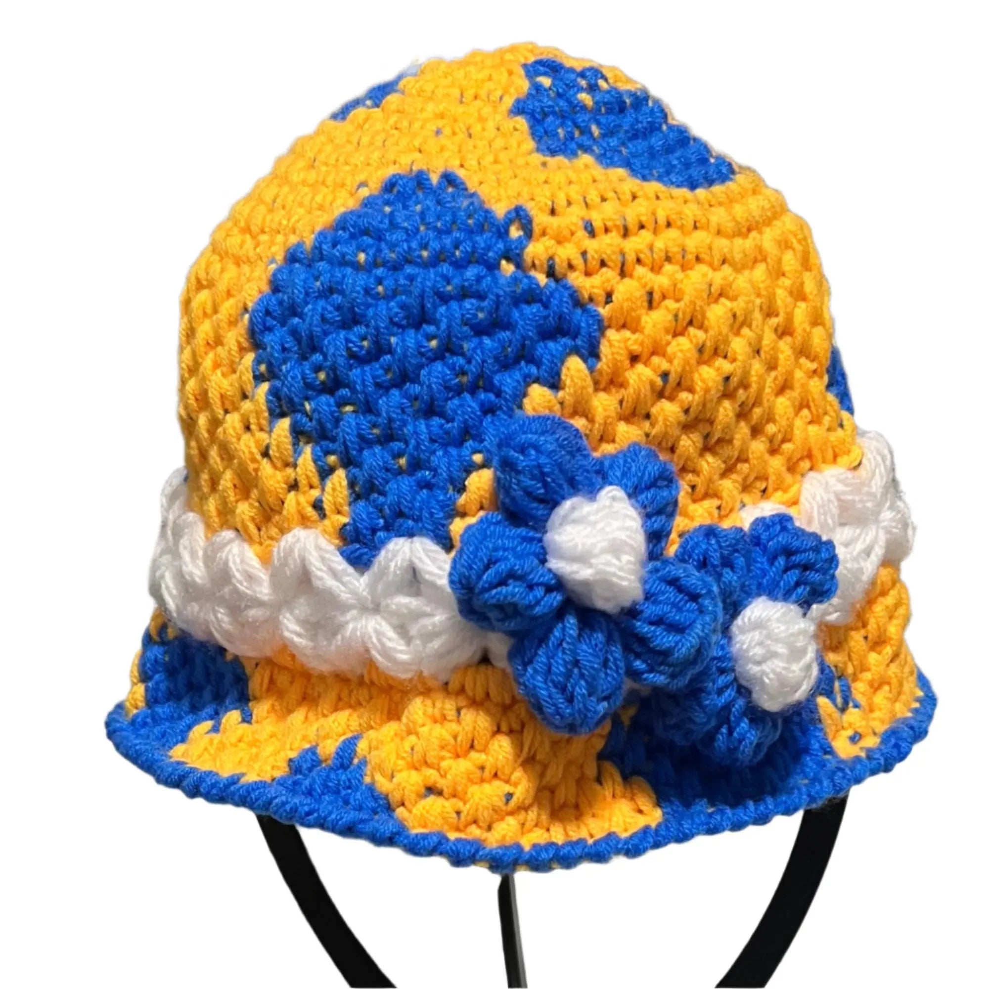 Colorful ThreadsByHannah knitted bucket hat bucket with floral design in blue and yellow