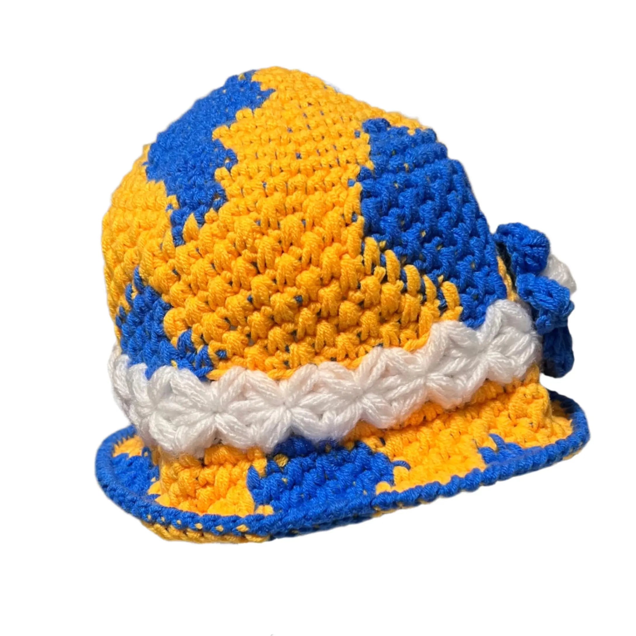 Colorful ThreadsByHannah bucket hat bucket made from knitted yarn with vibrant blue and yellow patterns