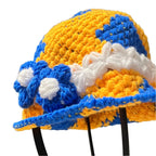 Colorful Handcrafted Crochet Bucket Hat Bucket in Blue and Yellow with Flower Accents