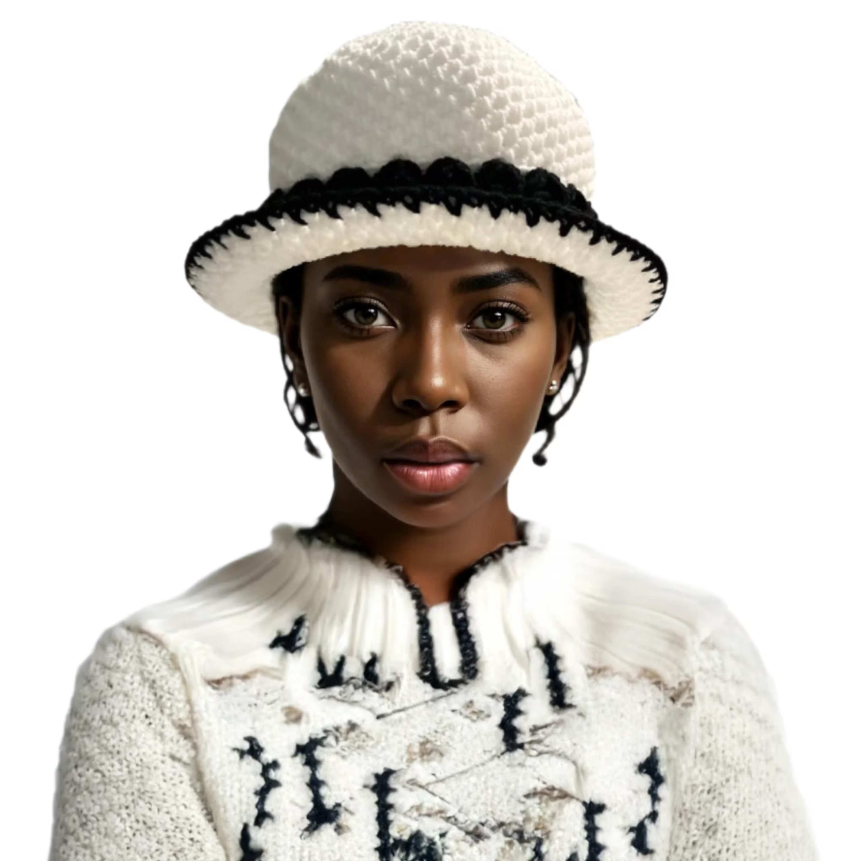 Stylish white ThreadsByHannah bucket hat bucket with contrasting black trim