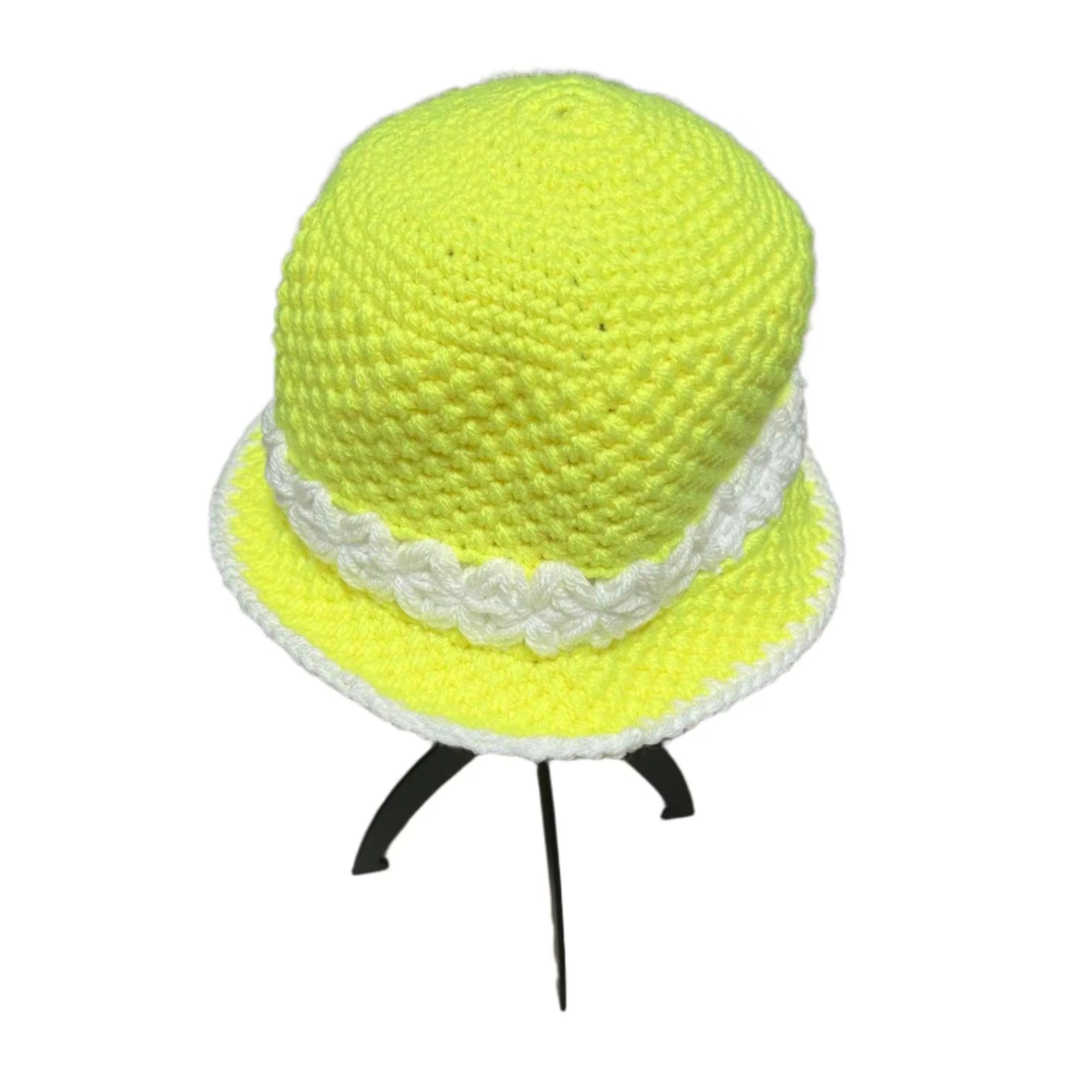 Bright yellow bucket hat bucket with a stylish white braided band for summer fashion