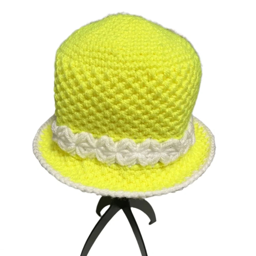 ThreadsByHannah Yellow Crochet Bucket Hat with White Decorative Band for Summer Style