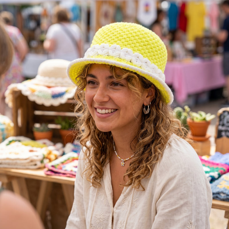 Bright yellow bucket hat bucket with a decorative white trim, perfect for sunny days outdoors