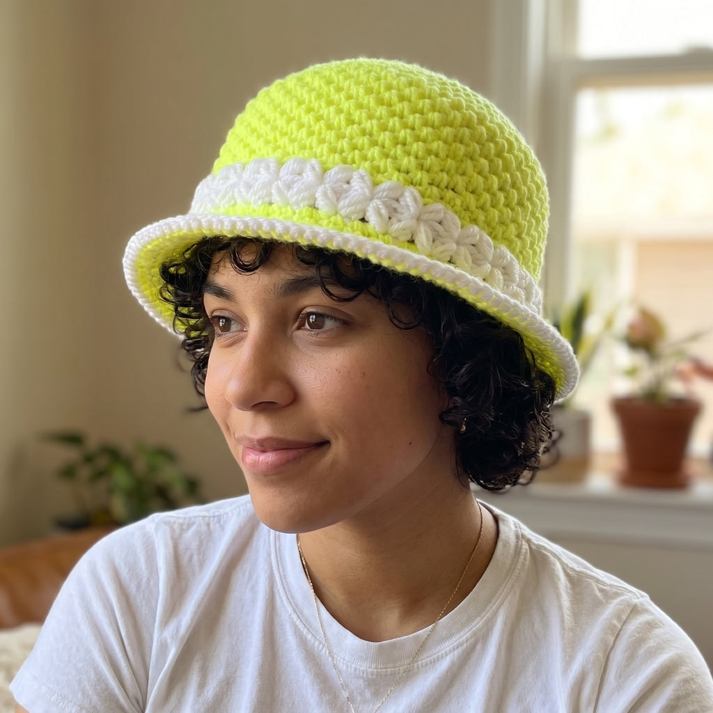 Bright yellow ThreadsByHannah bucket hat bucket with white decorative band, perfect for summer outings
