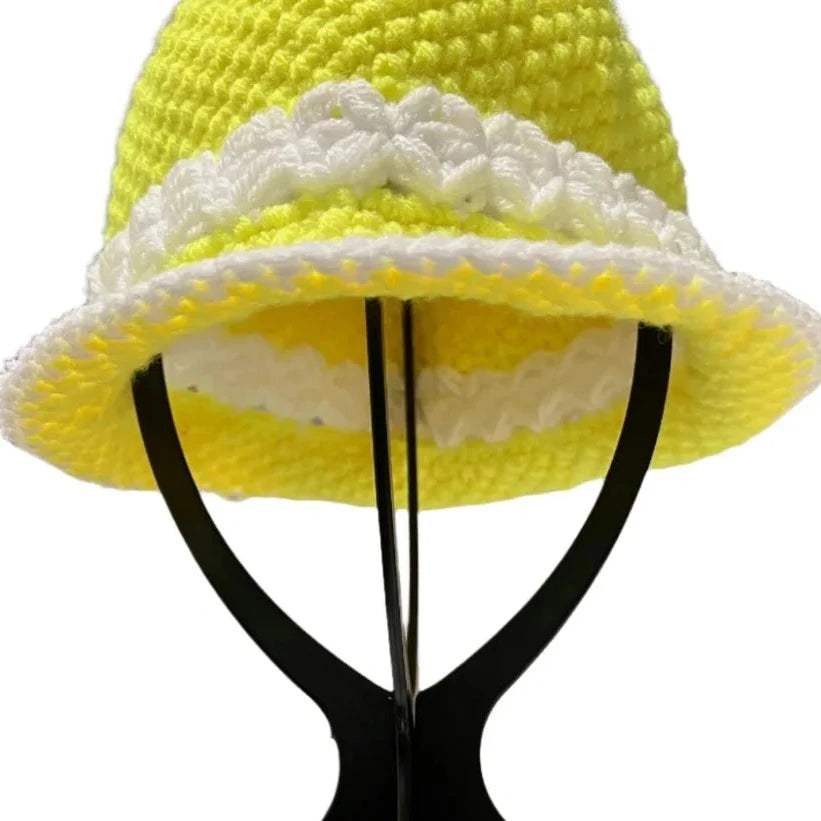 Vibrant yellow ThreadsByHannah bucket hat bucket with white crochet trim for stylish summer wear