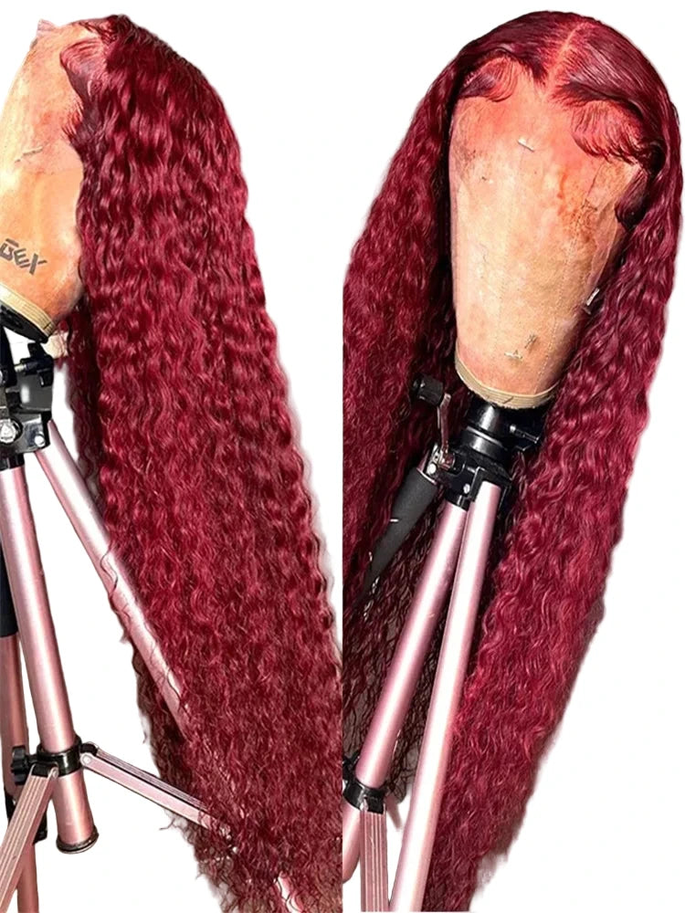 Burgundy deep wave lace front wig displayed on a mannequin showcasing vibrant color and texture