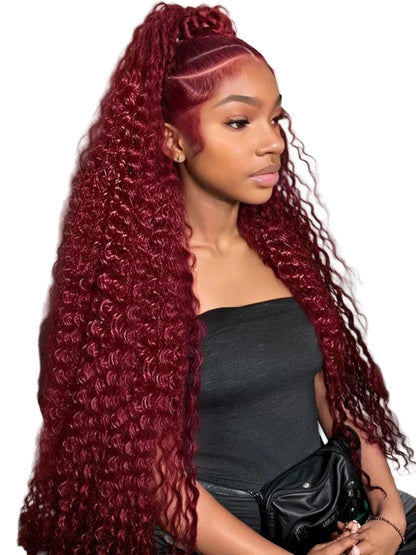 Burgundy deep wave lace front wig styled in a high ponytail with long curls