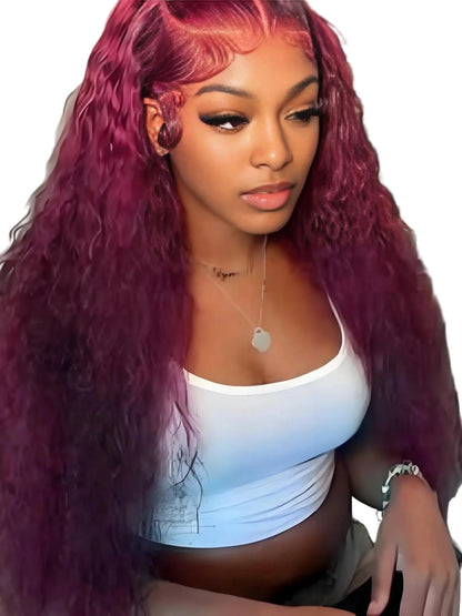 Burgundy deep wave lace front wig from LuckeLadybug LLC styled on a model with natural curls