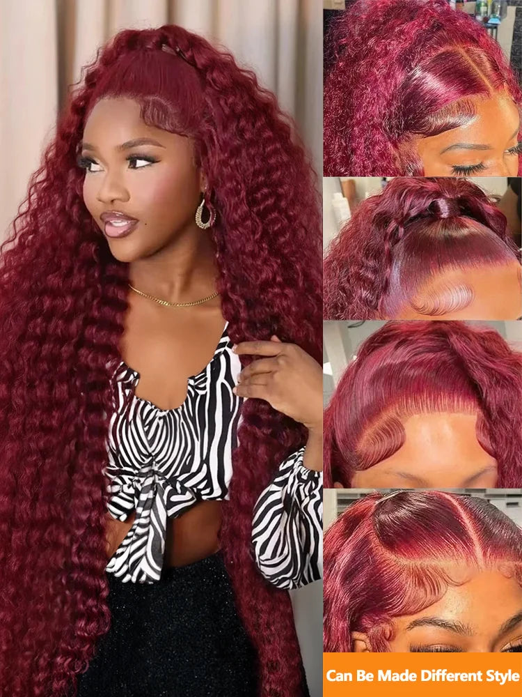 Burgundy deep wave lace front wig styled with soft curls and versatile looks from LuckeLadybug LLC