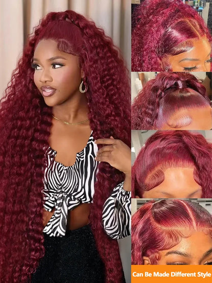 Burgundy deep wave lace front wig styled with soft curls and versatile looks from LuckeLadybug LLC