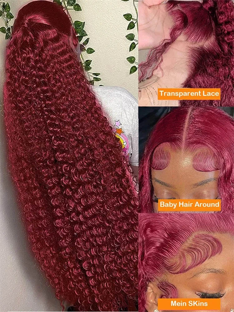 Burgundy deep wave lace front wig with transparent lace and baby hair for a natural look
