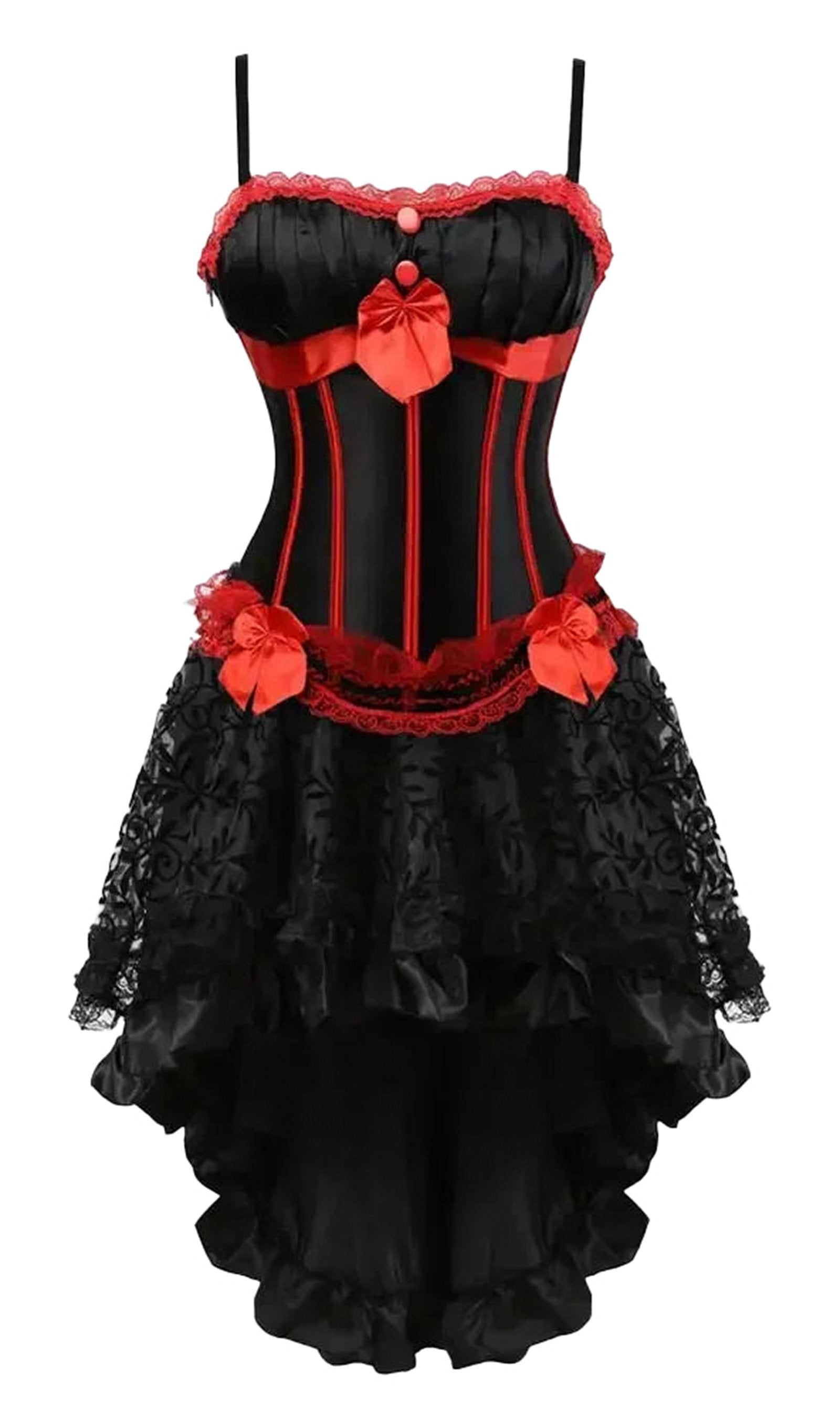 Elegant burlesque corset dress with tutu skirt featuring lace and satin details in black and red