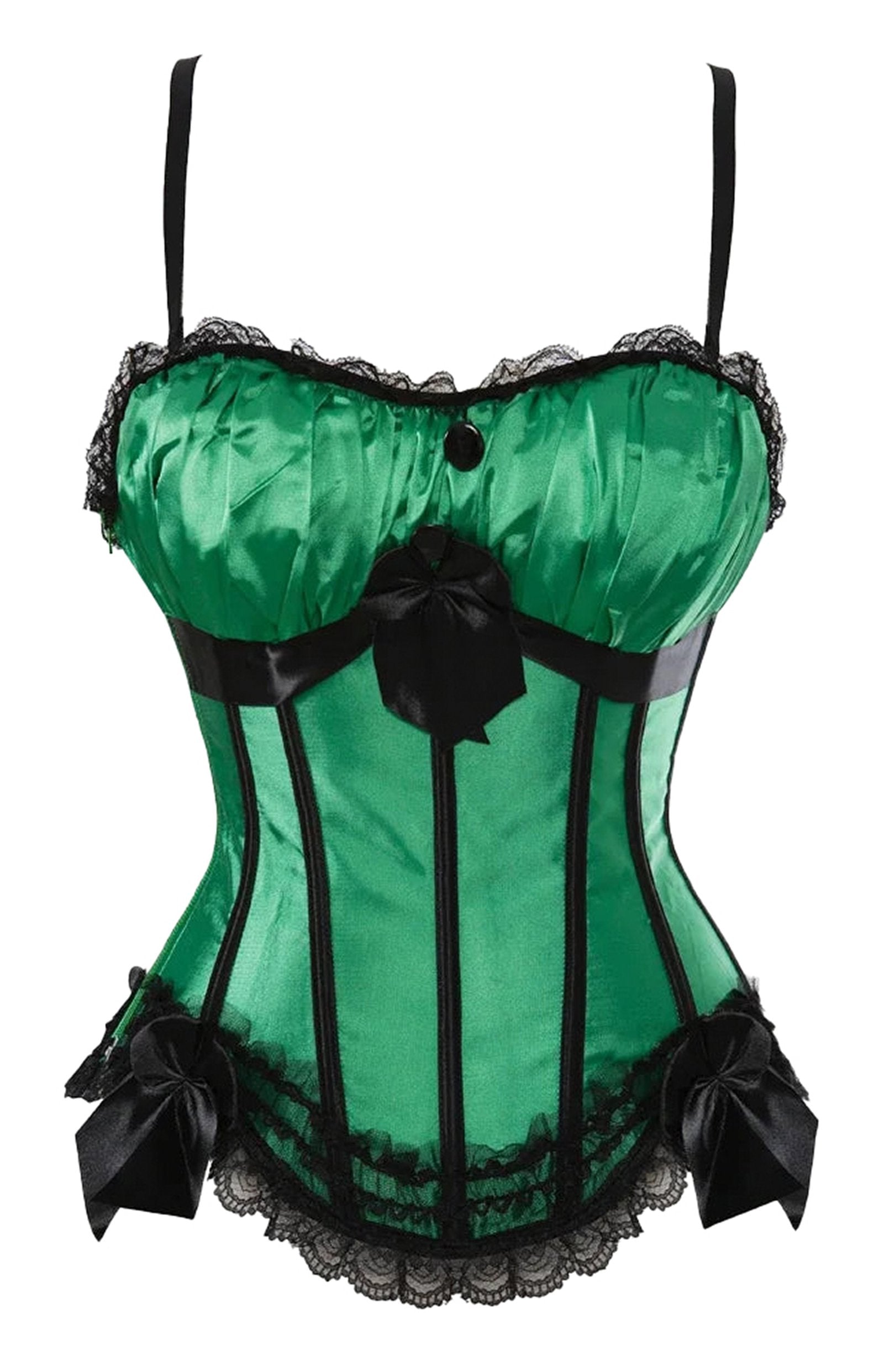 Green satin burlesque corset dress with tutu skirt accents and lace detailing from LuckeLadybug LLC