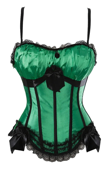 Green satin burlesque corset dress with tutu skirt accents and lace detailing from LuckeLadybug LLC