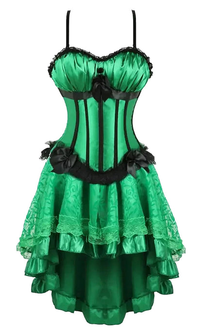 LuckeLadybug LLC burlesque corset dress with tutu skirt in green featuring lace trim and decorative bows