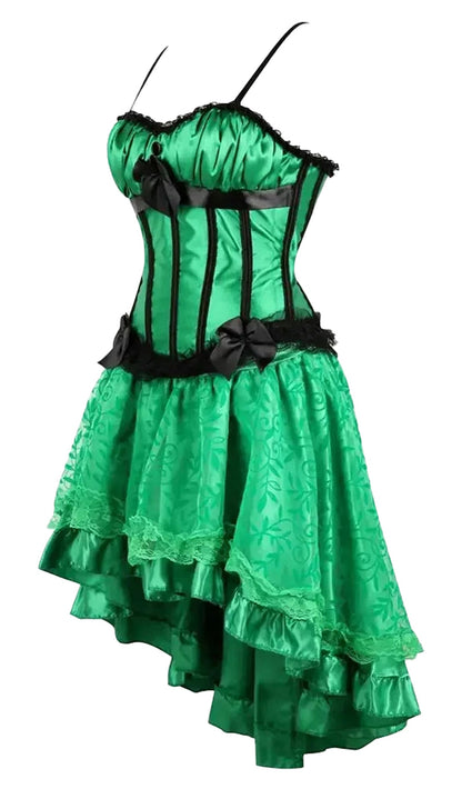 Vibrant green burlesque corset dress with tutu skirt featuring ruffles and bows for a playful look