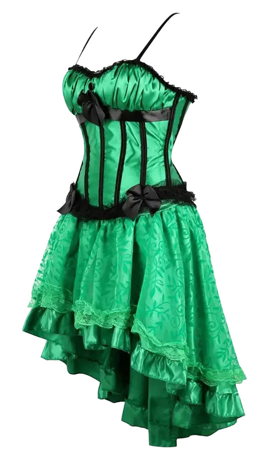 Vibrant green burlesque corset dress with tutu skirt featuring ruffles and bows for a playful look