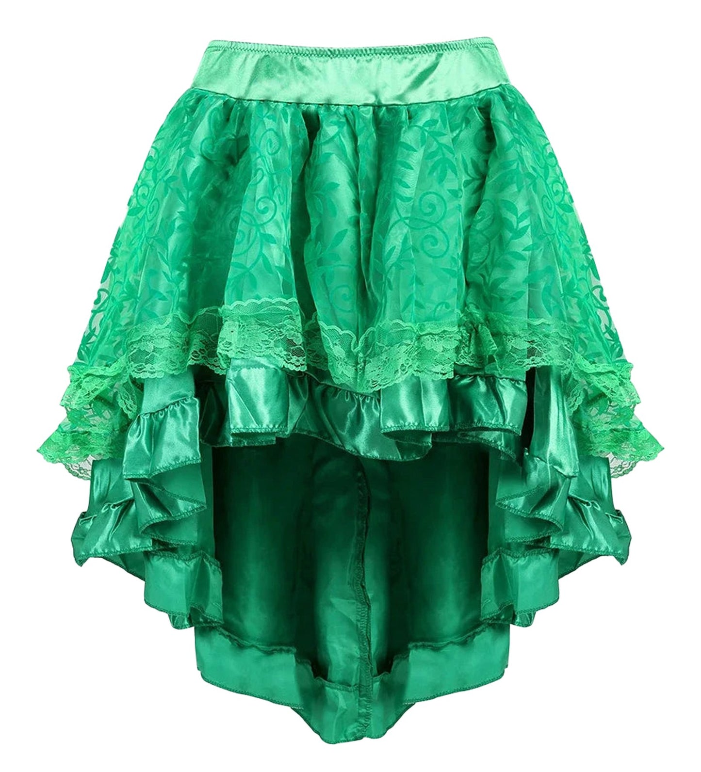 Burlesque corset dress with tutu skirt in vibrant green featuring layered ruffles and lace detailing