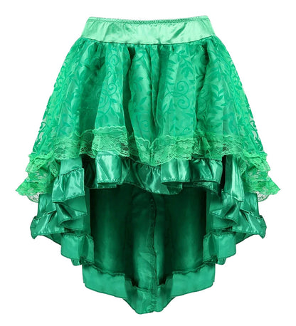 Burlesque corset dress with tutu skirt in vibrant green featuring layered ruffles and lace detailing