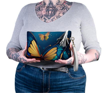 Printful vegan leather butterfly design cosmetic bag with colorful large butterfly and wrist strap