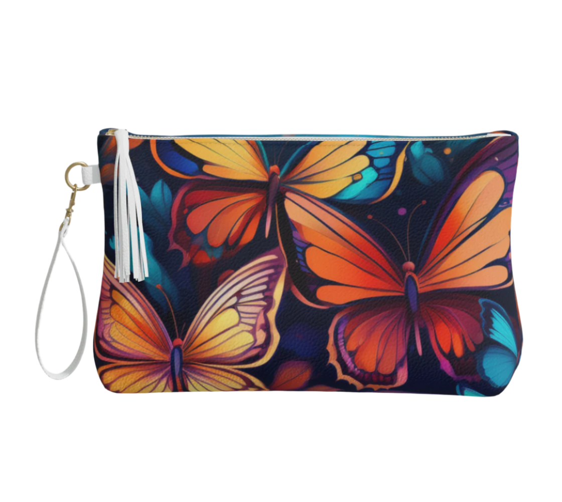 Printful vegan leather butterfly design cosmetic bag with colorful butterflies and tassel zipper pull