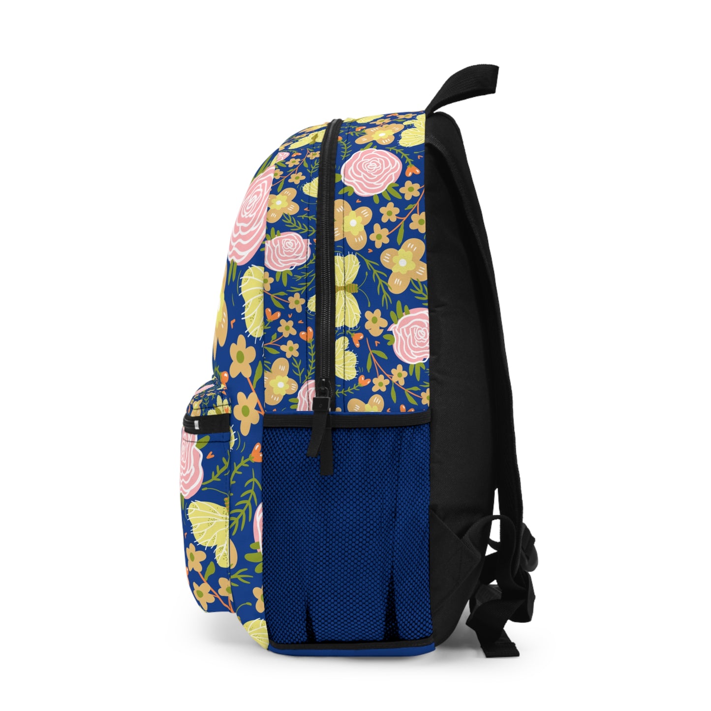 LuckeLadybug butterfly flower backpack featuring colorful floral and butterfly patterns on a blue background