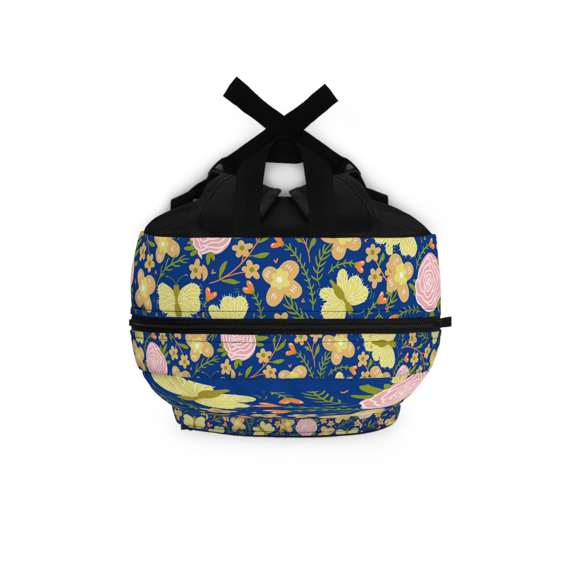 LuckeLadybug butterfly flower backpack featuring colorful floral design on a dark blue background
