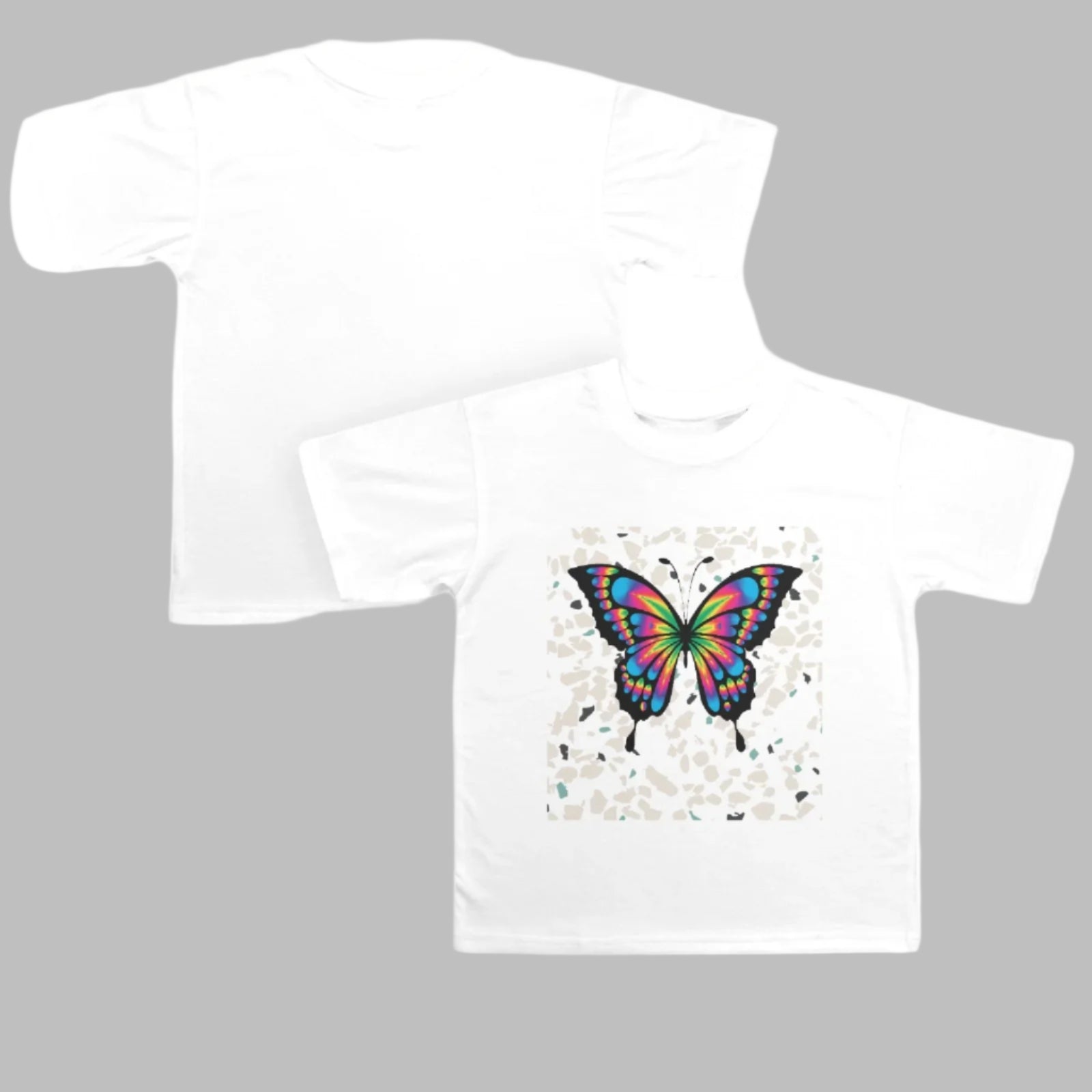 White butterfly kids t shirt with colorful butterfly graphic design on front