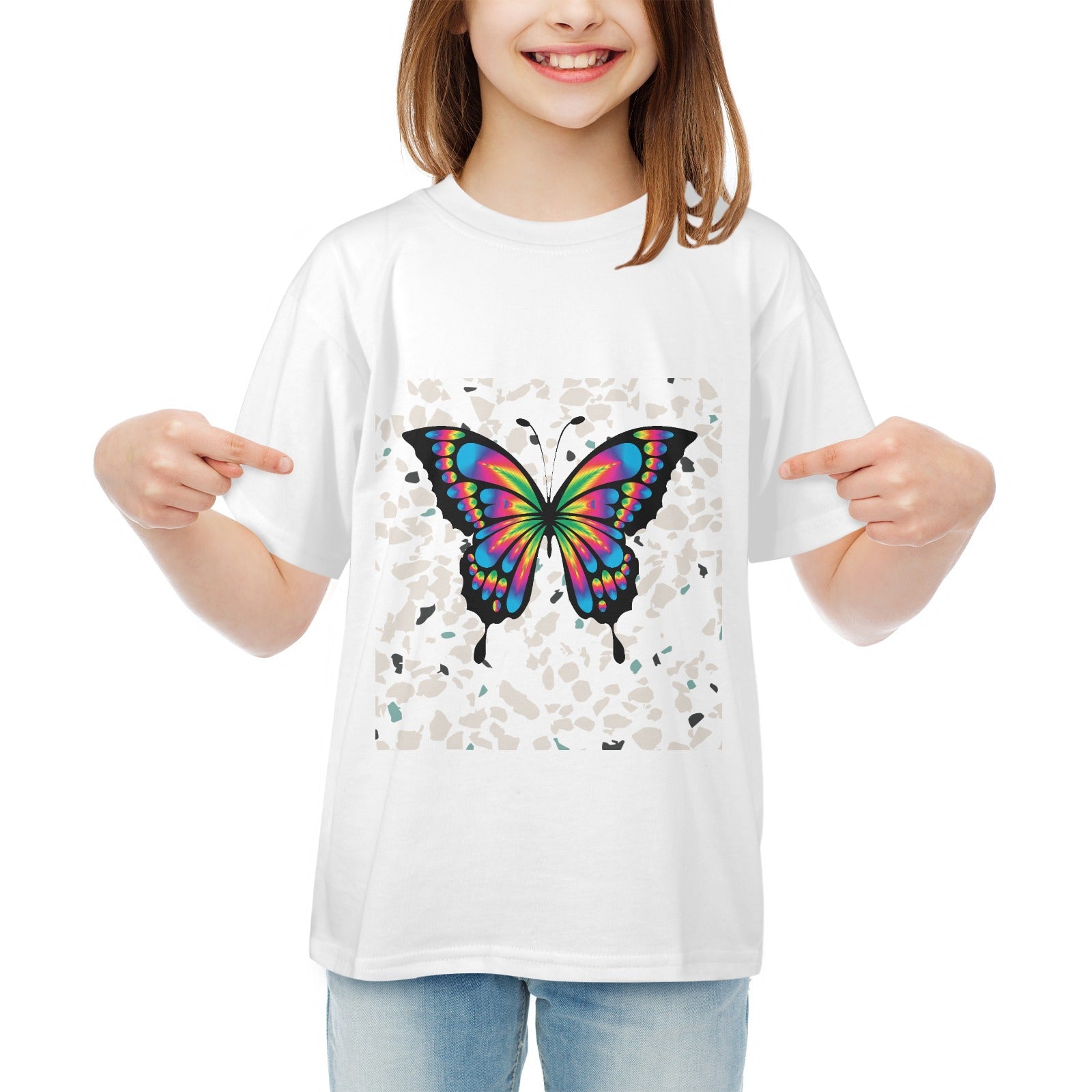 butterfly kids t shirt with colorful butterfly design on white fabric worn by child