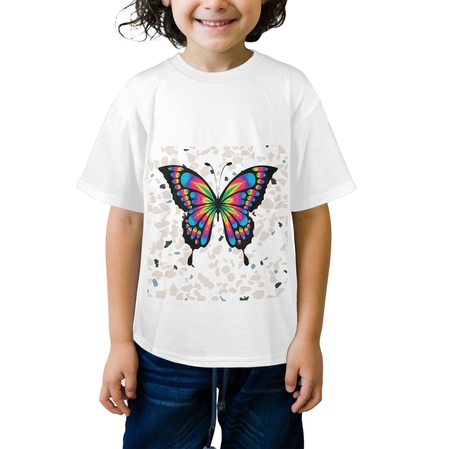Butterfly kids t shirt featuring a colorful butterfly design on a white tee worn by a smiling child