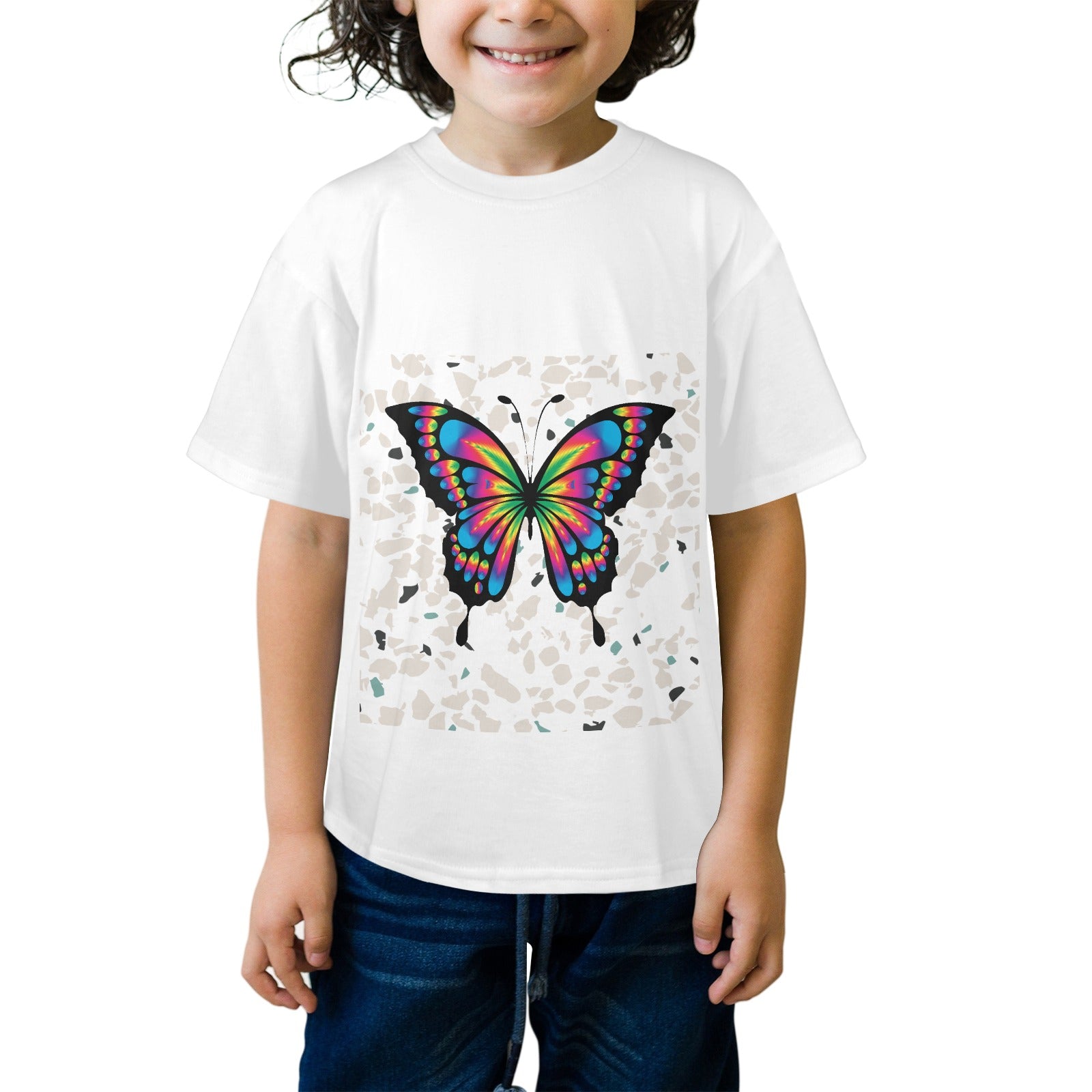 Butterfly kids t shirt featuring a colorful butterfly design on a white tee worn by a smiling child
