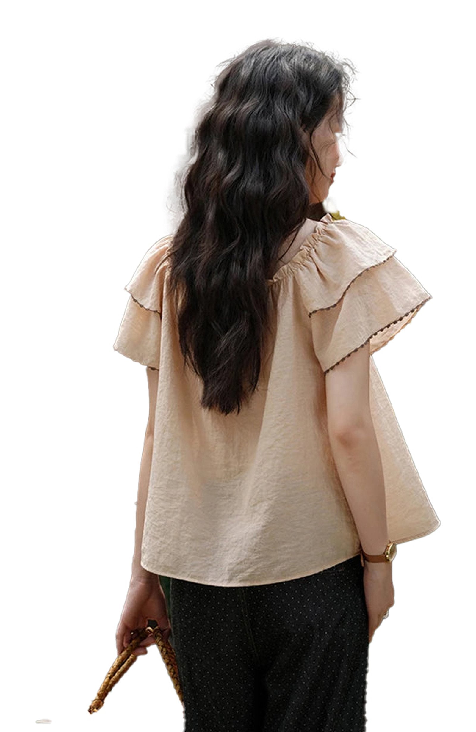 Back view of a stylish LuckeLadybug LLC butterfly sleeve blouse for women in a soft beige color