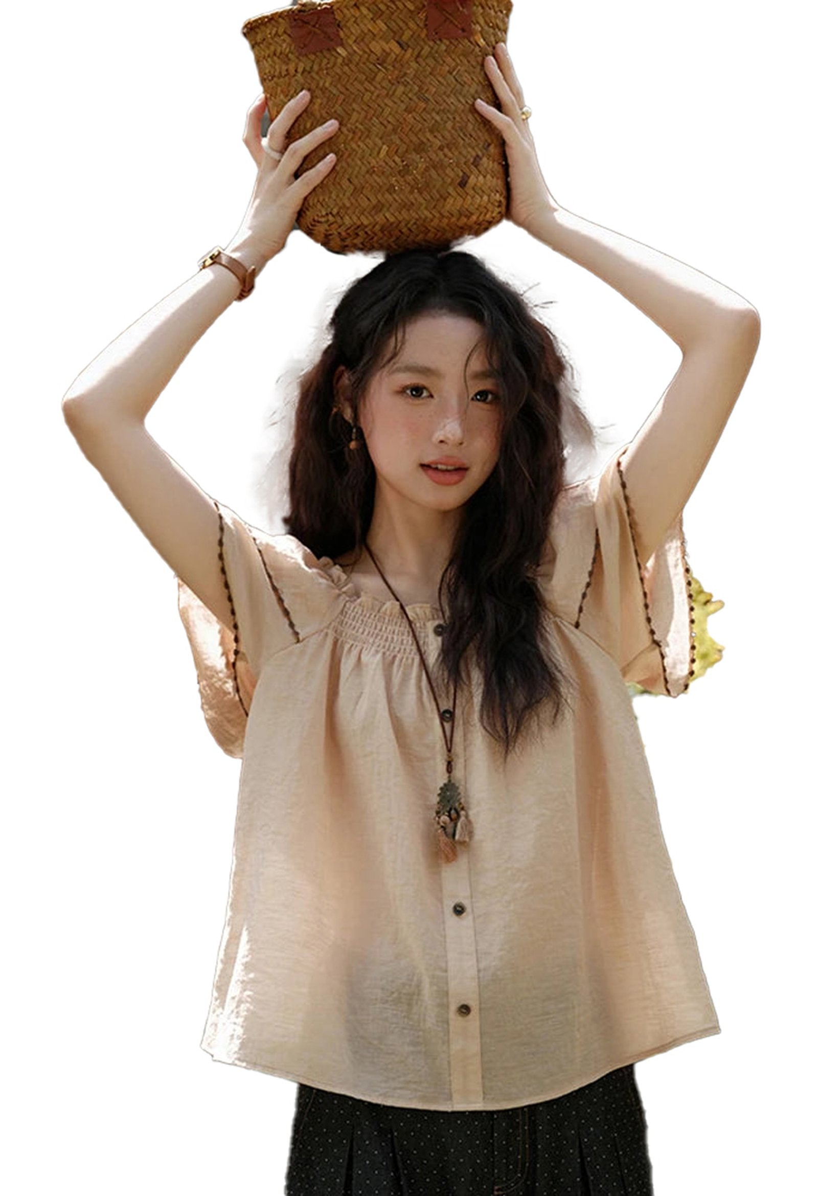 Lightweight butterfly sleeve blouse for women in peach with button details and relaxed fit