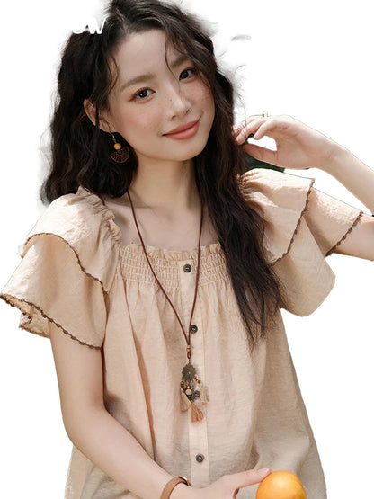 LuckeLadybug LLC butterfly sleeve blouse for women in light beige with buttons and a relaxed fit