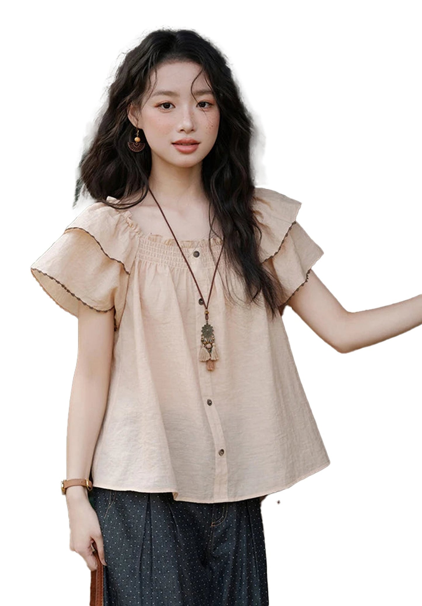 Light beige butterfly sleeve blouse for women with button front and ruffle detail
