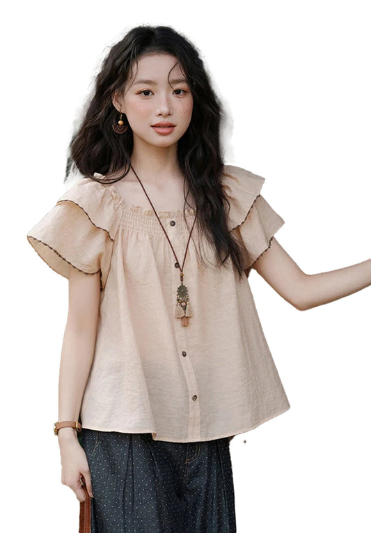 Light beige butterfly sleeve blouse for women with button front and ruffle detail