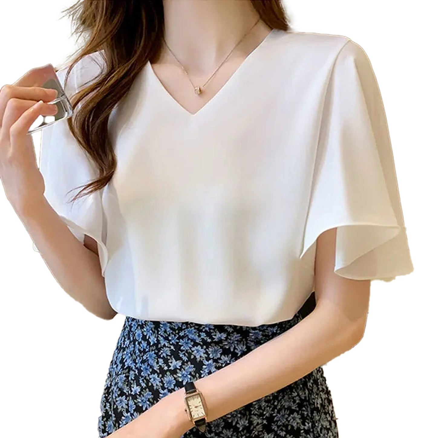 Elegant white butterfly sleeve blouse for women with a V-neck design and a relaxed fit