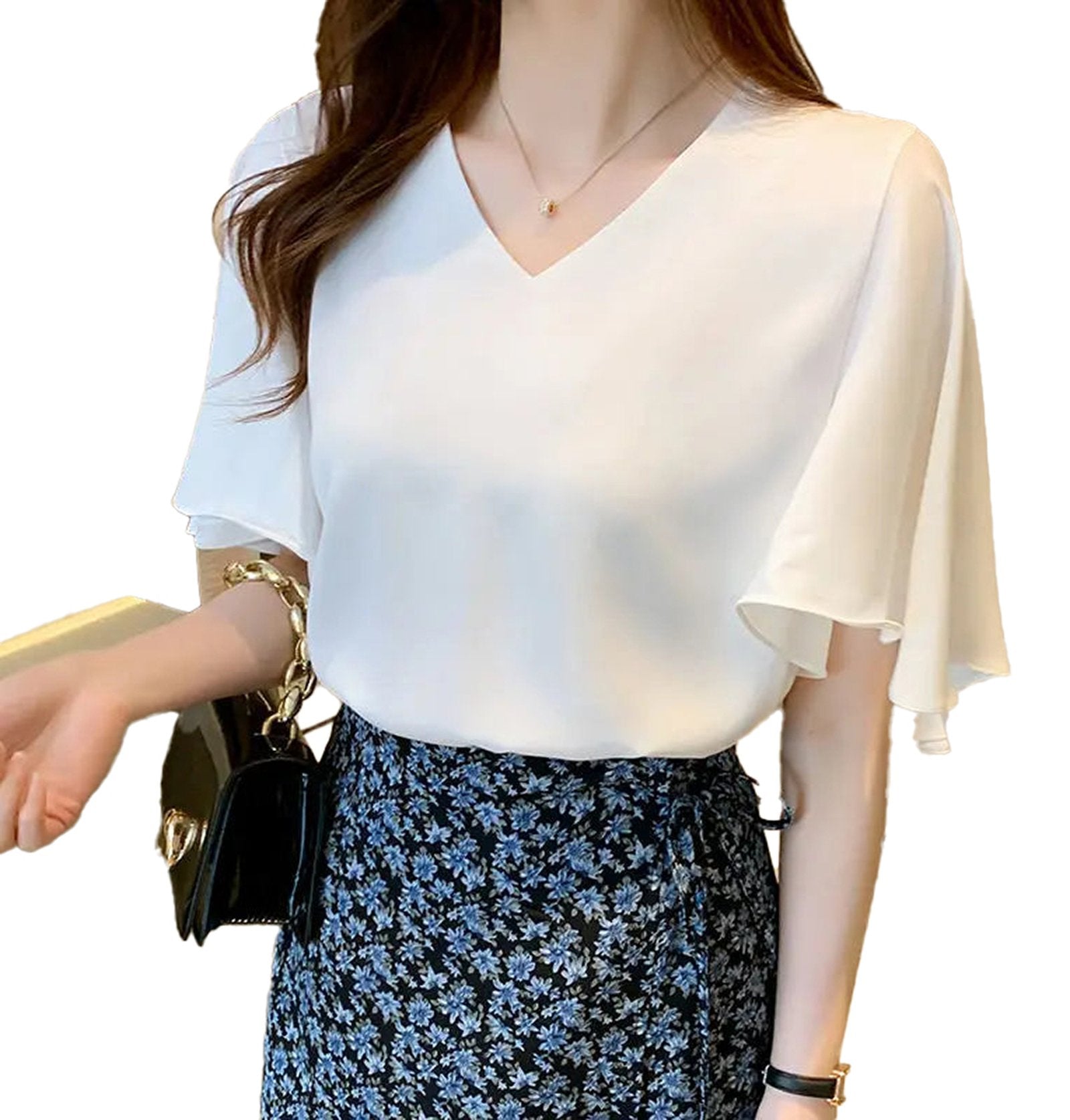 White butterfly sleeve blouse for women with a V-neck design, perfect for casual outings