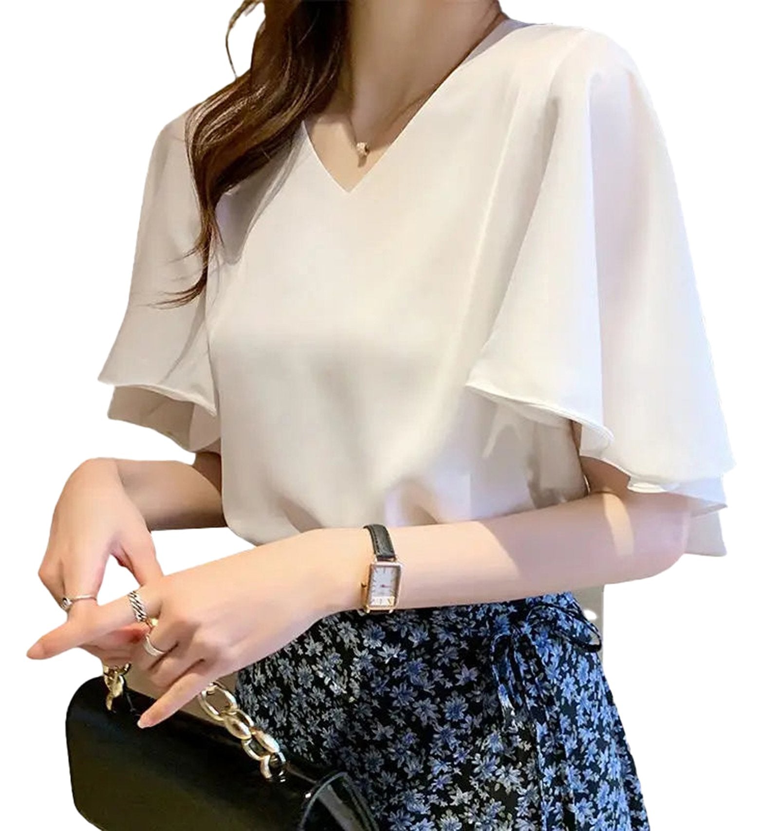 Elegant butterfly sleeve blouse for women in white with a stylish V-neck design