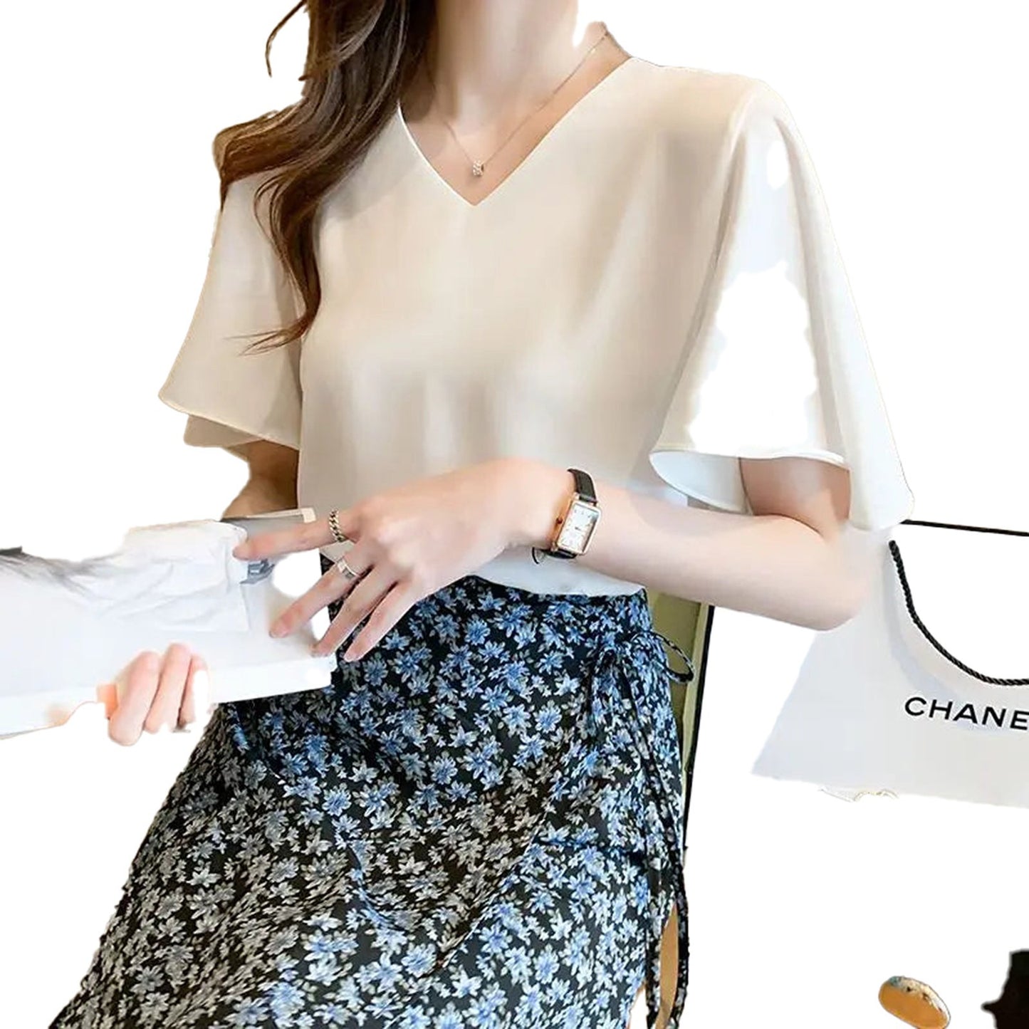 Elegant butterfly sleeve blouse for women in cream color, perfect for casual or dressy occasions