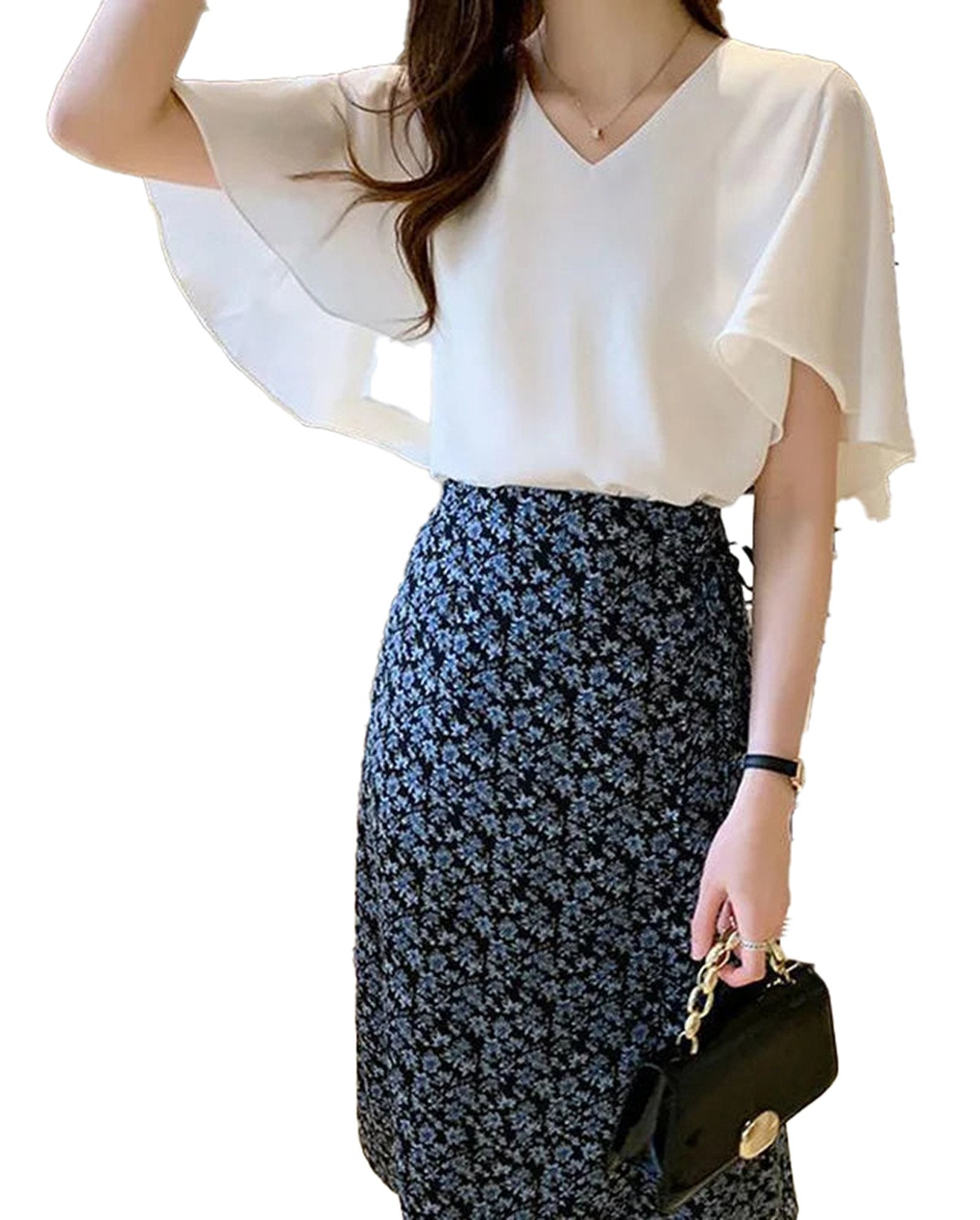 Elegant white butterfly sleeve blouse for women paired with a floral skirt, perfect for casual or dressy occasions