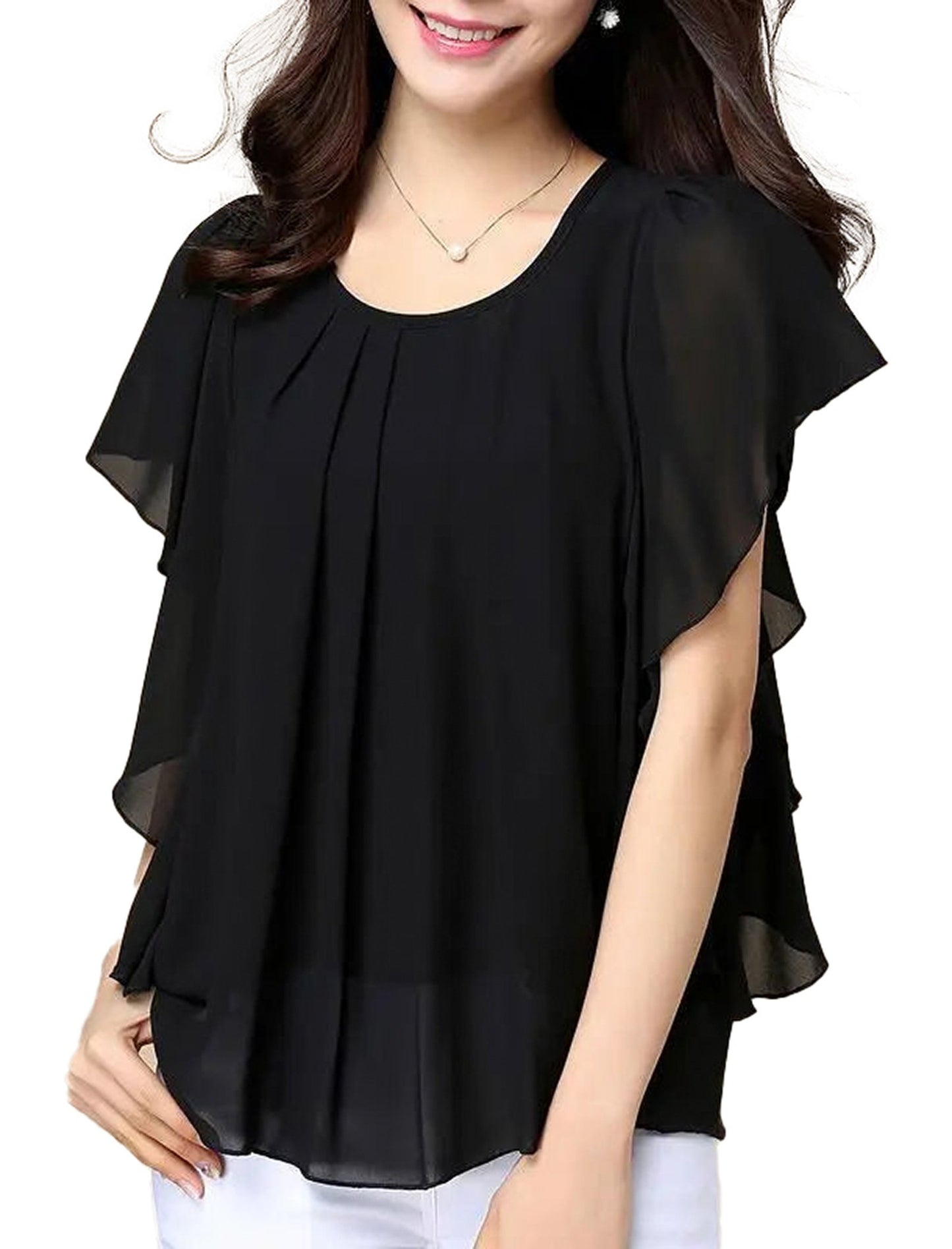 Black Butterfly Sleeve Blouse for Women with Pleated Design by LuckeLadybug LLC