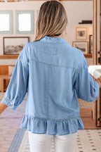 Light blue button-down shirts for men with a ruffled hem and three-quarter sleeves