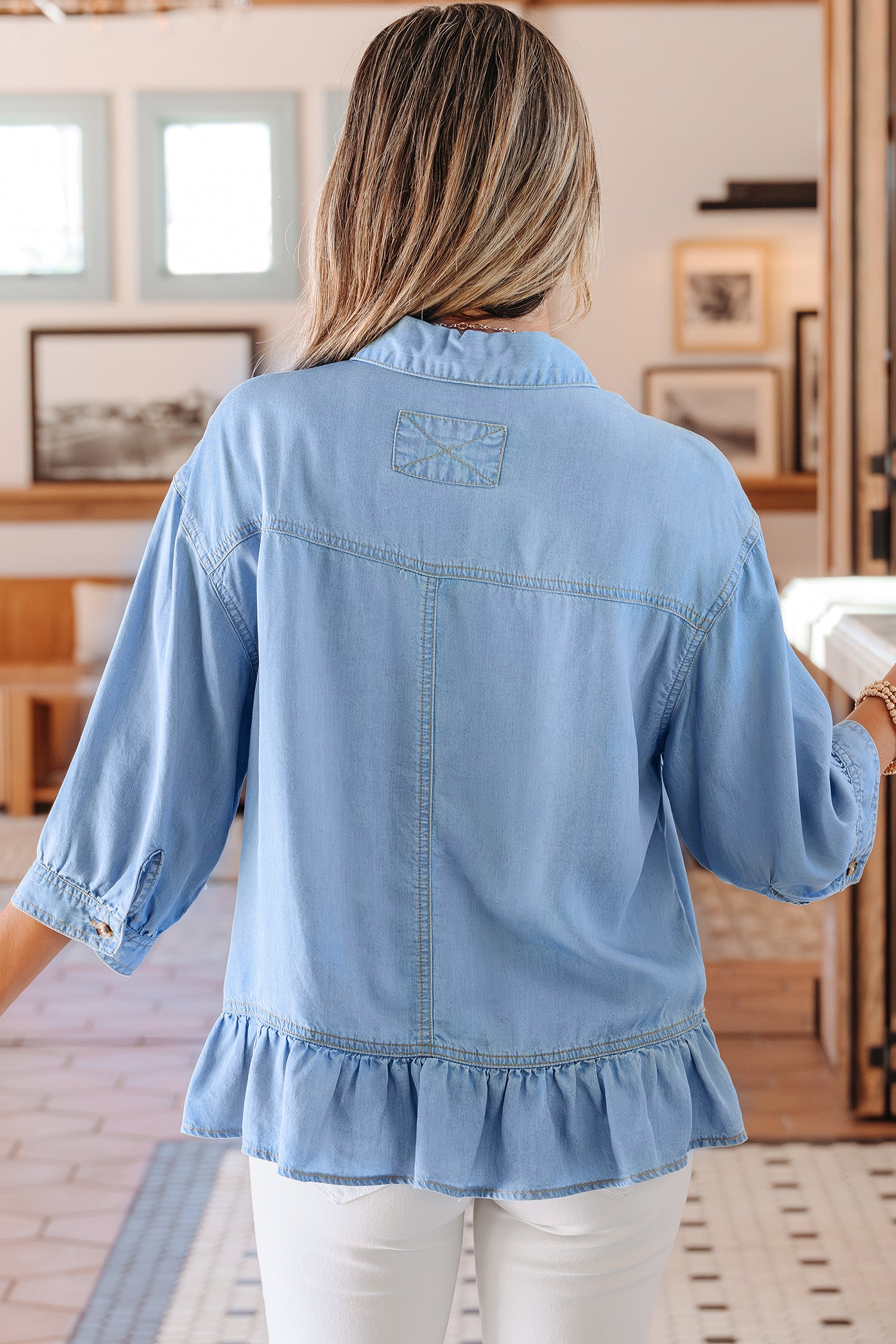Light blue button-down shirts for men with a ruffled hem and three-quarter sleeves