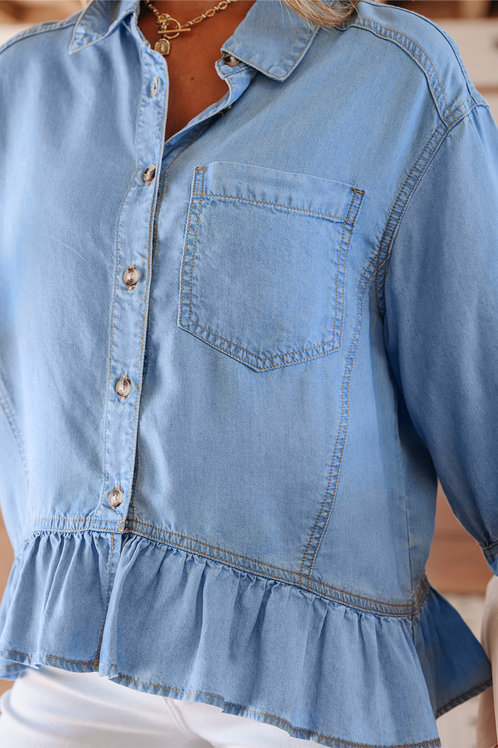 LuckeLadybug LLC denim button-down shirts for men featuring a ruffled hem and chest pocket