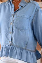 LuckeLadybug LLC denim button-down shirts for men featuring a ruffled hem and chest pocket