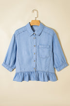 Light blue button-down shirt for men with a peplum hem and chest pocket