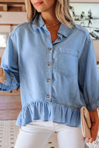 LuckeLadybug LLC Button-Down Shirts for Men in Light Blue Denim with Ruffled Hem and Pocket Detail