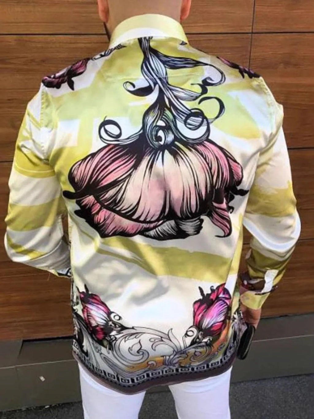 Men's button up shirt for men with unique floral design and vibrant colors from LuckeLadybug LLC