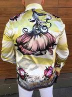 Men's button up shirt for men with unique floral design and vibrant colors from LuckeLadybug LLC